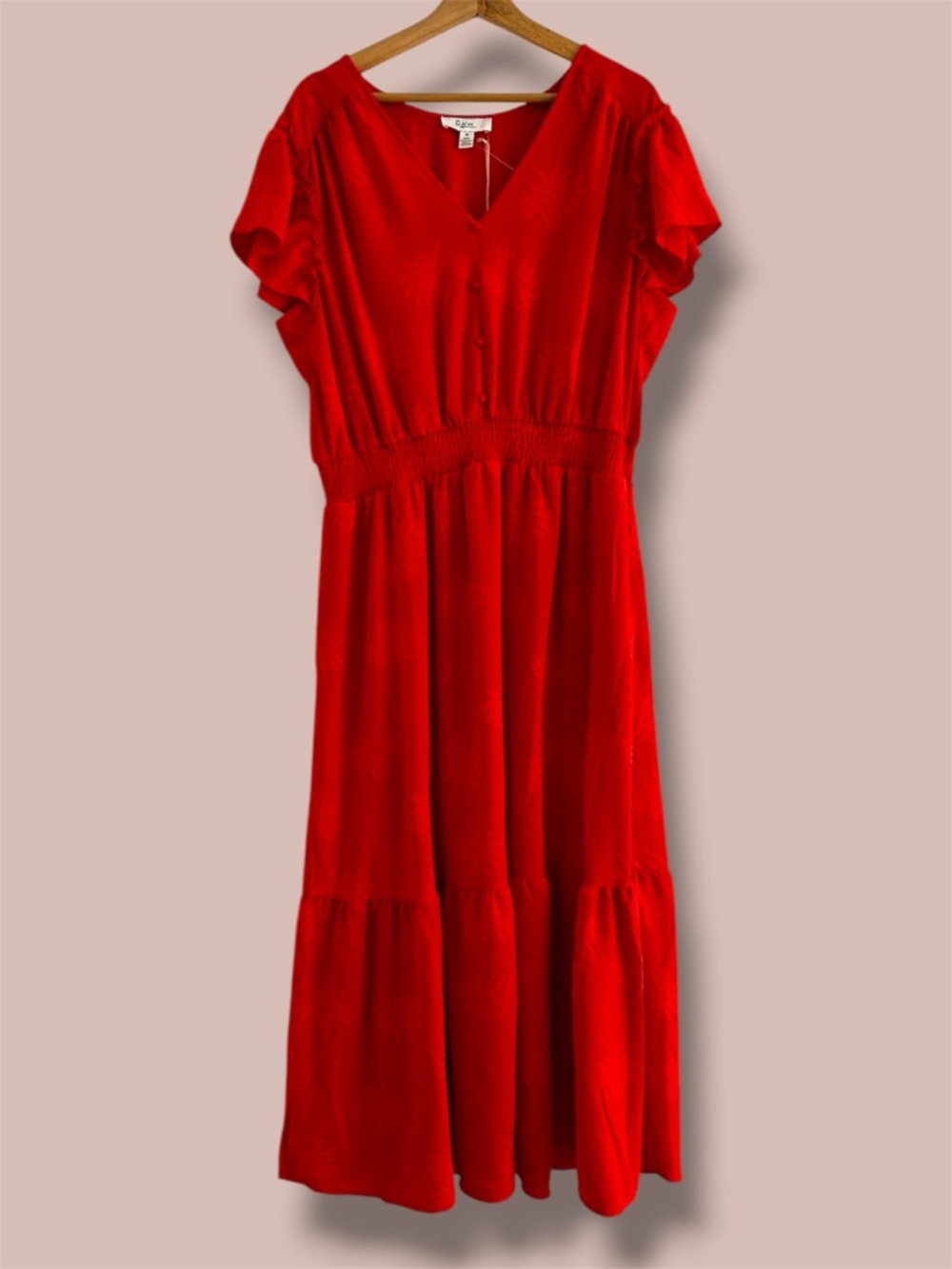 C BY ONE Plus Size 1X Red Orange Maxi Dress RUFFLE SLEEVE SMOCKED WAIST POCKETS - Picture 2 of 9